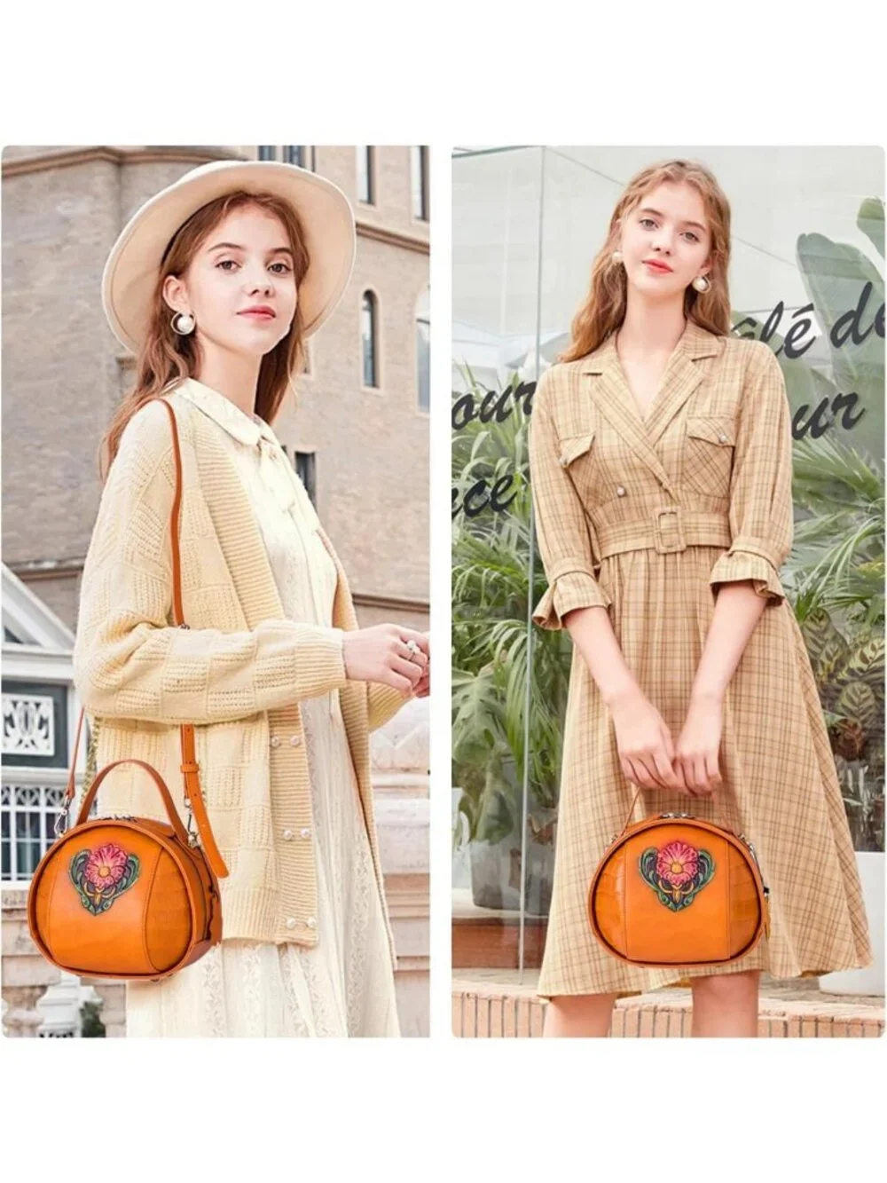 Vintage Leather Crossbody Bag for Women - Embossed Flower Design, Structured